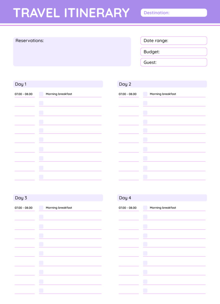 Minimal Purple Trip Itinerary Free Google Docs Template