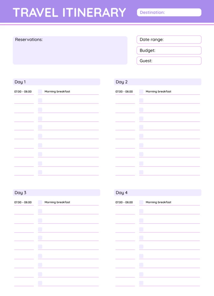 Minimal Purple Trip Itinerary Free Google Docs Template