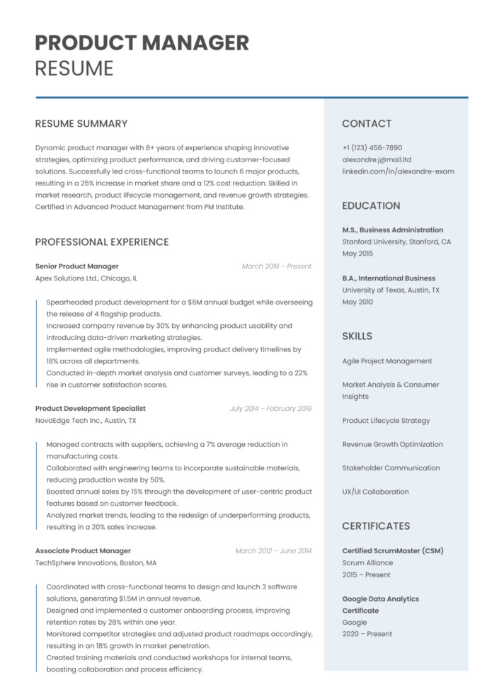 Product Manager Resume Free Google Docs Template