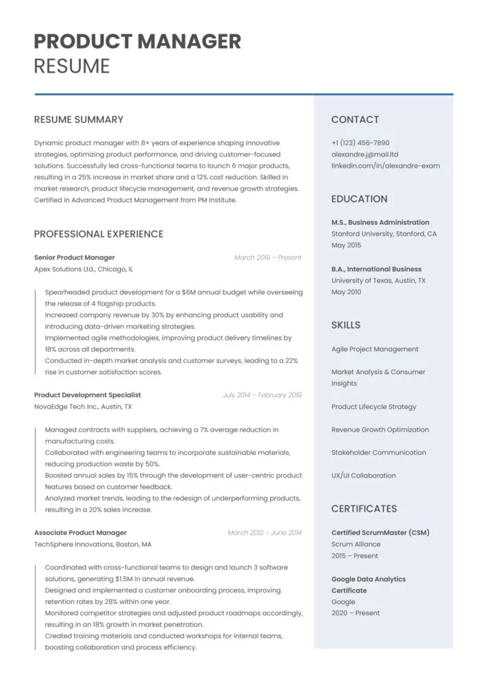 Product Manager Resume Free Google Docs Template