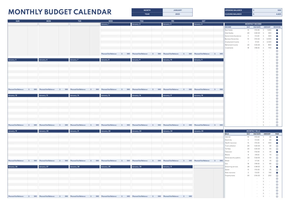 Professional Monthly Budget Calendar Free Google Sheets & Excel Template