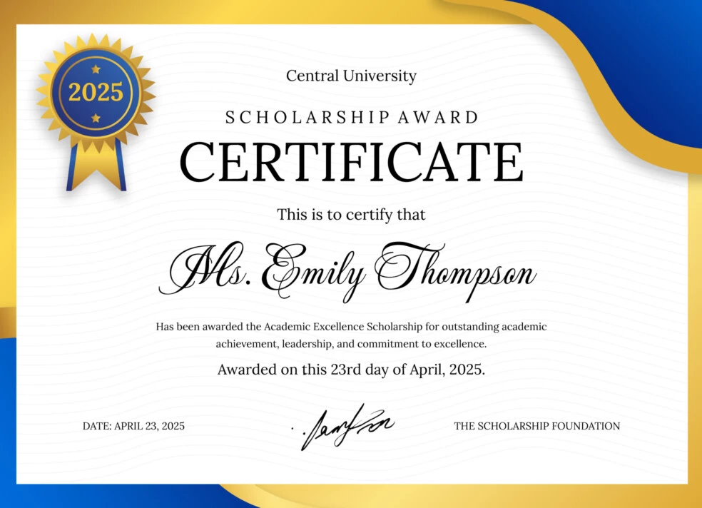 Scholarship Award Certificate Free Google Docs Template