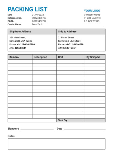 Shipping Packing List Free Google Docs Template