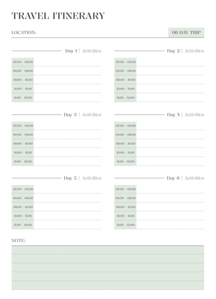 Simple 6 Day Vacation Itinerary Free Google Docs Template
