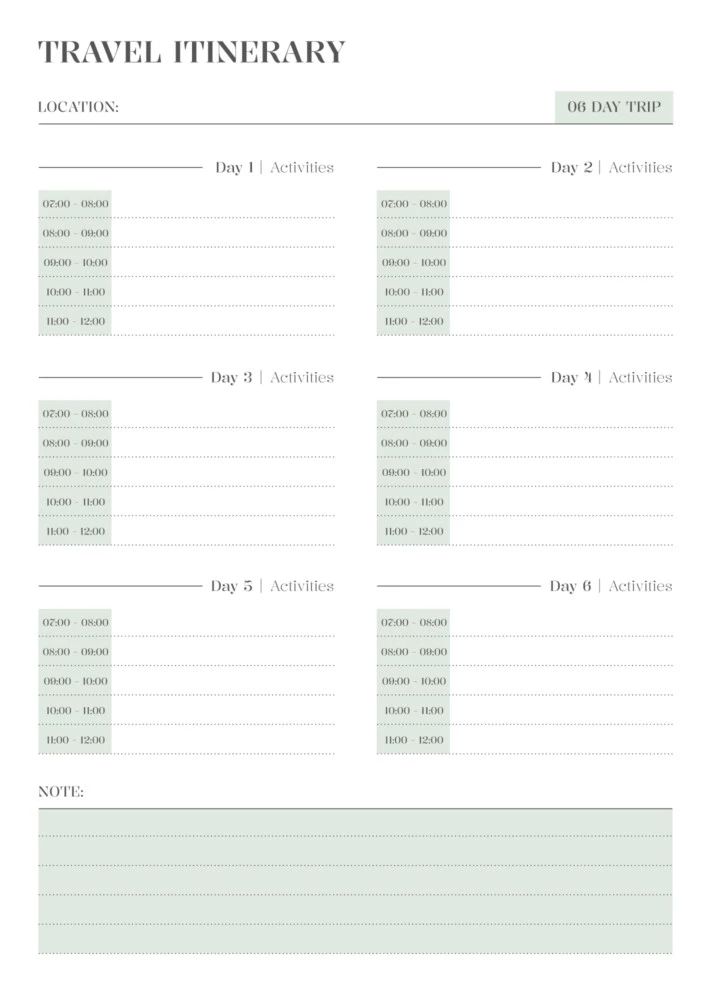 Simple 6 Day Vacation Itinerary Free Google Docs Template