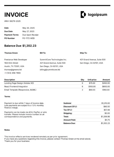 Simple Freelance Invoice Free Google Docs Template