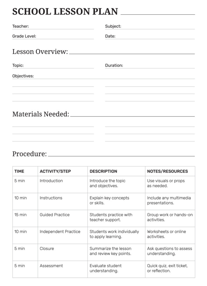 Simple School Lesson Plan Free Google Docs Template