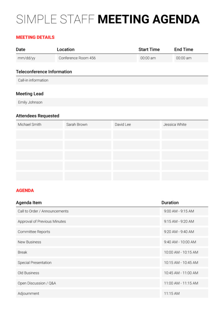 Simple Staff Meeting Agenda Free Google Docs Template
