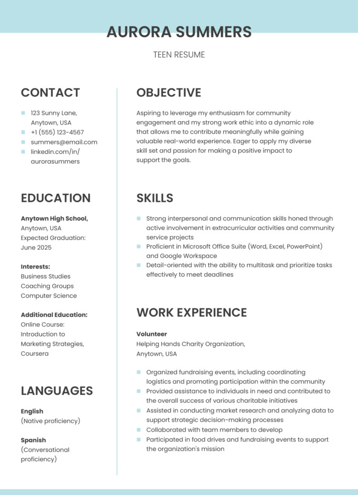 Teen Resume Free Google Docs Template