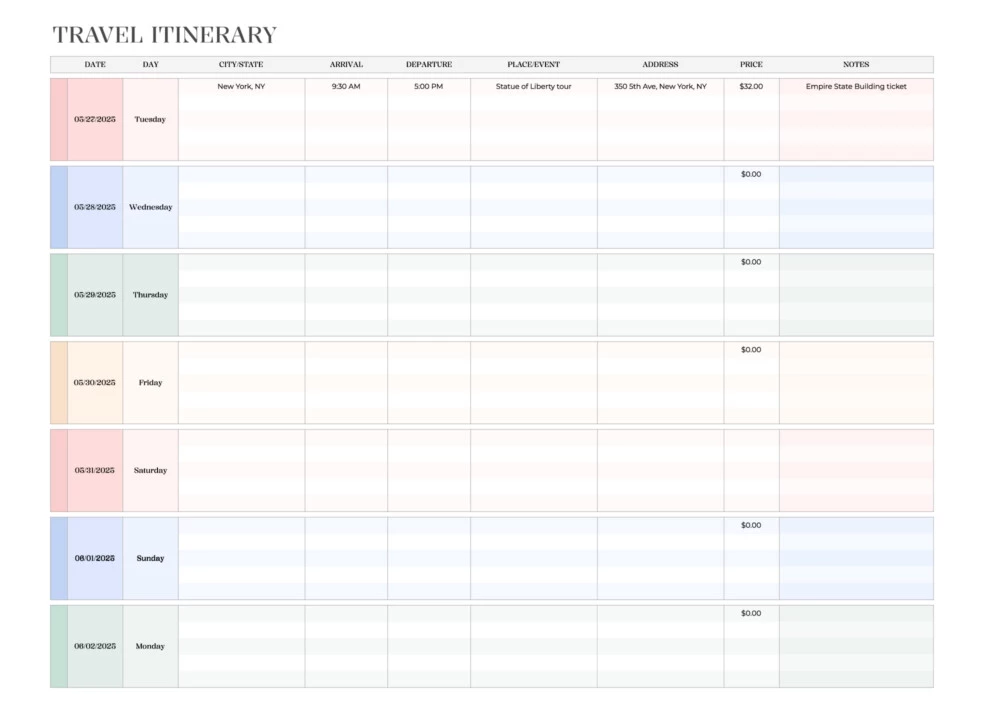 Travel Itinerary Spreadsheet Free Google Sheets & Excel Template