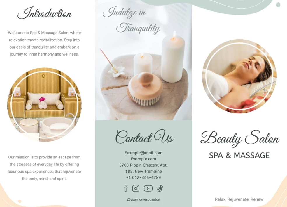 Tri-Fold Brochure Spa & Massage Free Google Docs Template