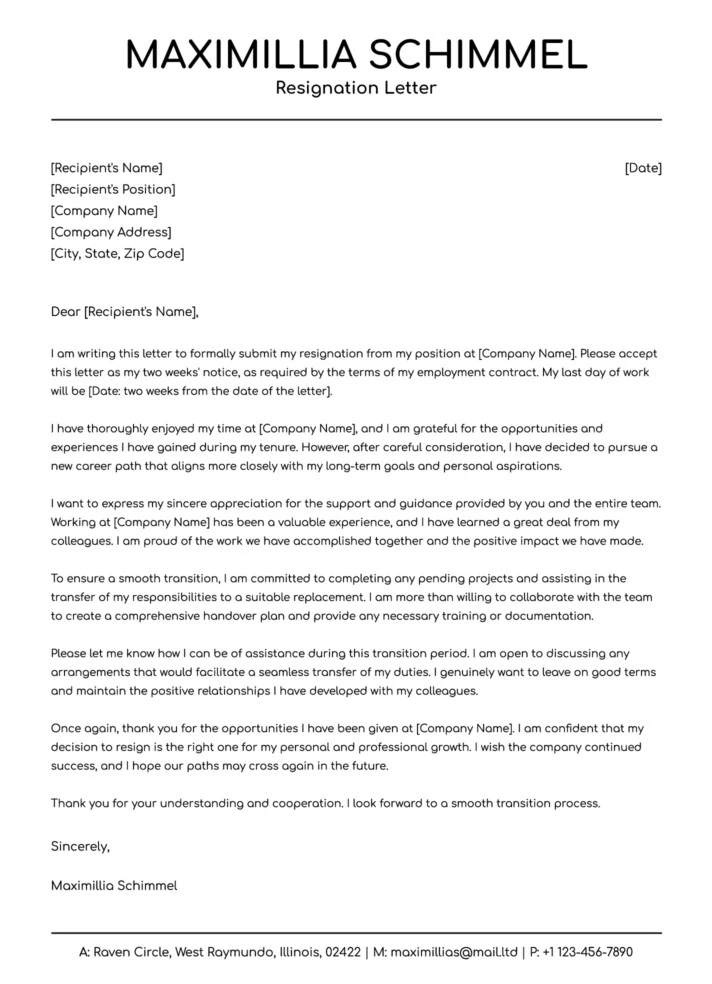 Two Weeks Notice Resignation Letter Free Google Docs Template