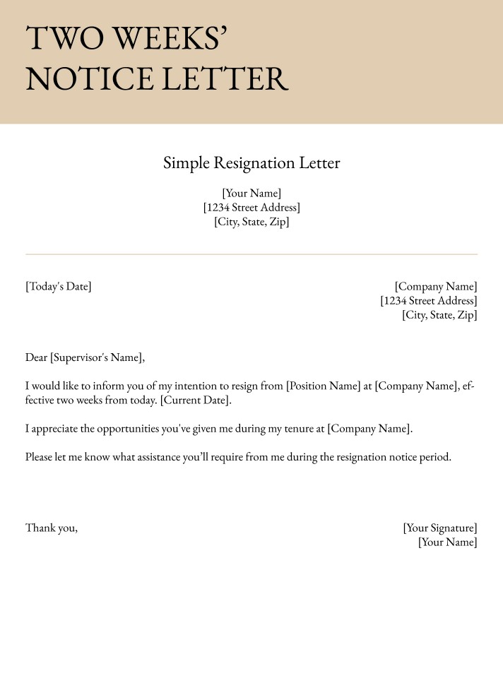 resignation letter sample 2 weeks notice