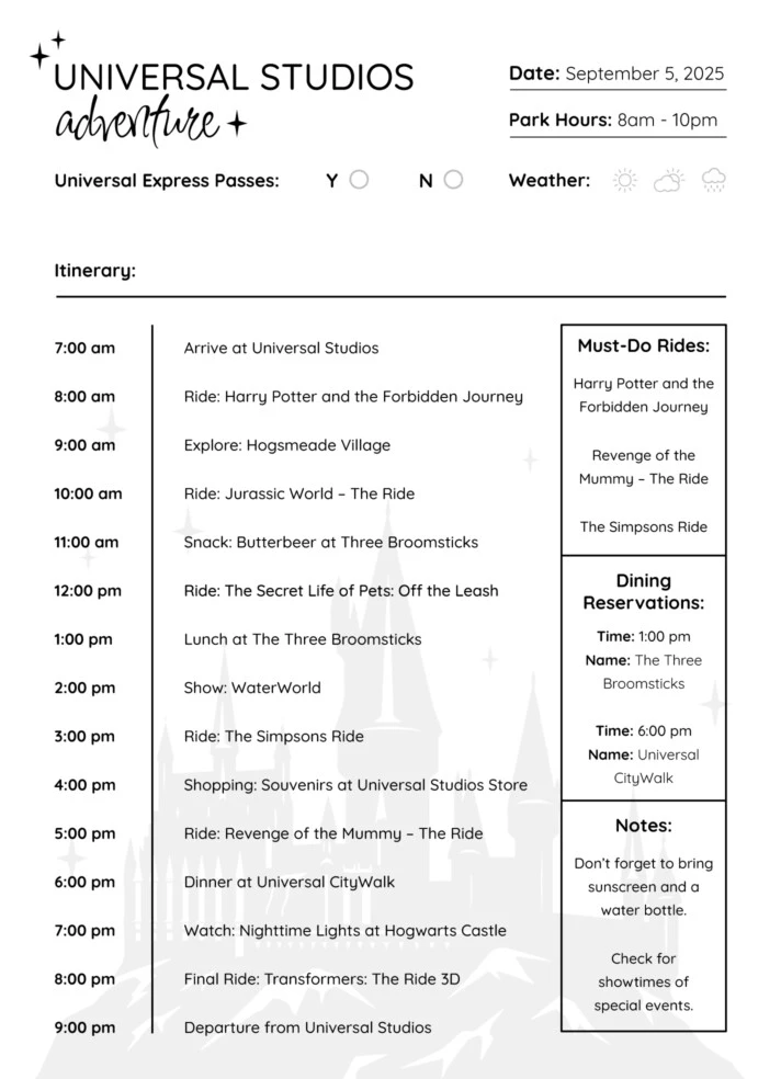 Universal Studios Itinerary Free Google Docs Template