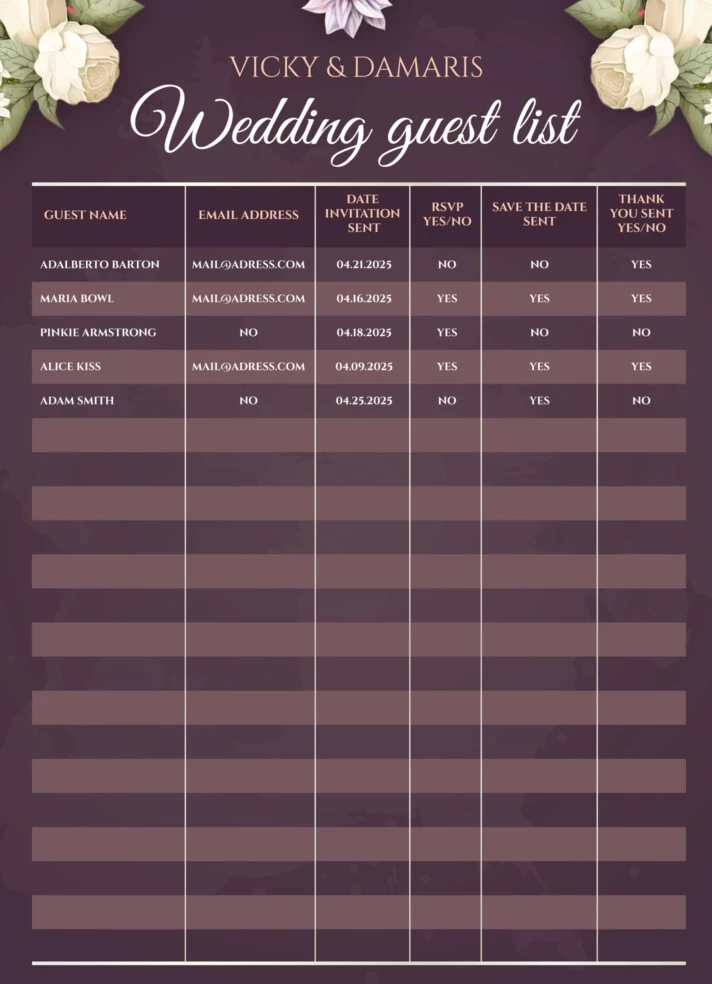 Elegant Wedding Guest List Free Google Docs Template