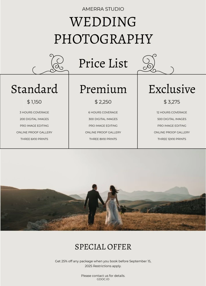 Wedding Photography Price List Free Google Docs Template