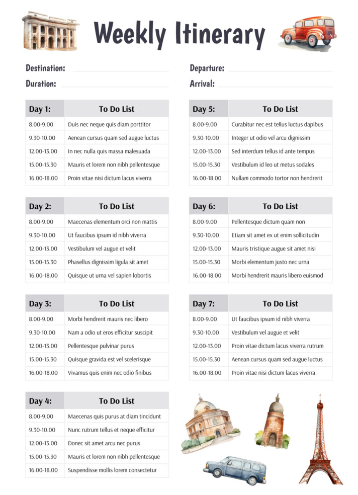 Weekly Itinerary Free Google Docs Template