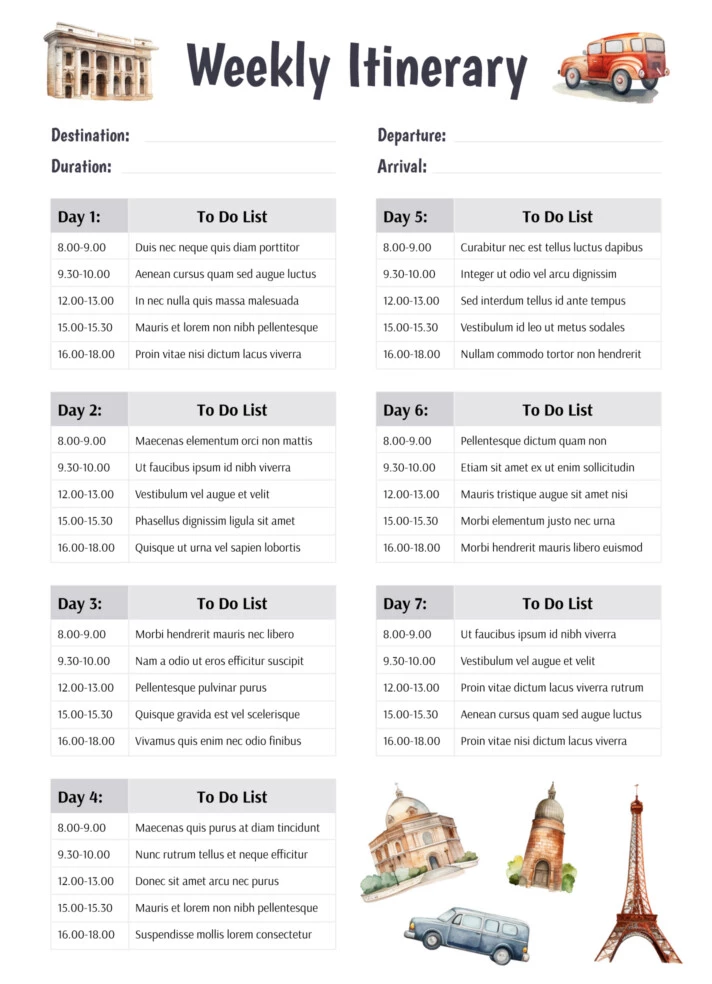 Weekly Itinerary Free Google Docs Template